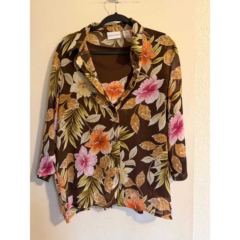 Alfred Dunner Women's Brown Floral Print 2 Piece Set Blouse Top Size M Vacation‎